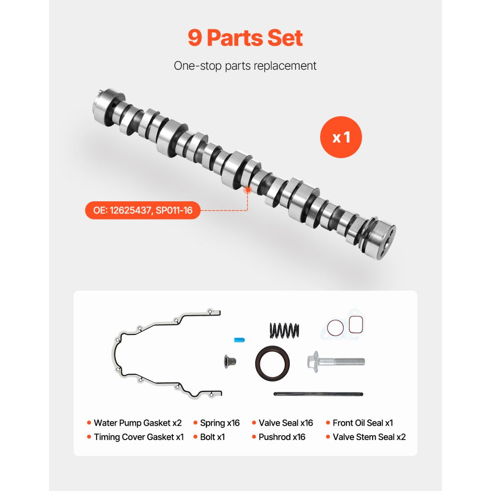 VEVOR LS Truck Cam Kit, 9-Piece Set, Includes Timing Gasket, Pushrods Springs & Seals, Compatible with 1999-2013 GM Gen3/4 Norris Trucks, Fits 4.8L, 5.3L, 6.0L, 6.2L LS Engines, OE 12625437 SP011-16