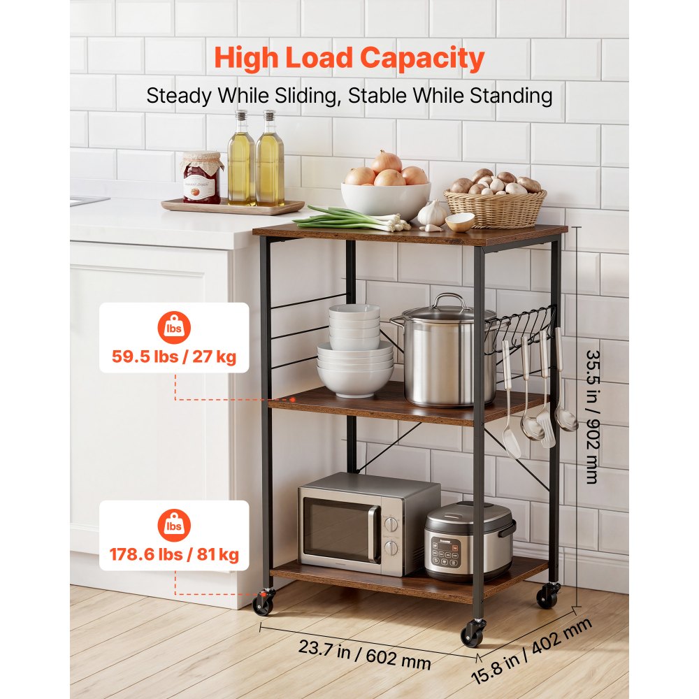 VEVOR Kitchen Utility Cart, 3 Tier 23.7 in Microwave Stand Coffee Cart, Heavy Duty Storage Rack, Service Trolley on Wheels, Industrial Rolling Work Table with 8 Hooks, for Mini Oven, Toaster, Vintage