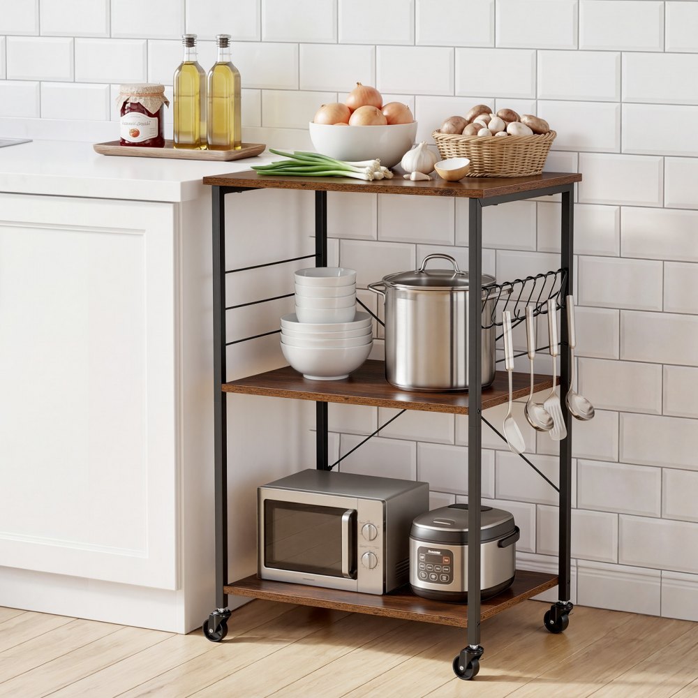 VEVOR Kitchen Utility Cart, 3 Tier 23.7 in Microwave Stand Coffee Cart, Heavy Duty Storage Rack, Service Trolley on Wheels, Industrial Rolling Work Table with 8 Hooks, for Mini Oven, Toaster, Vintage