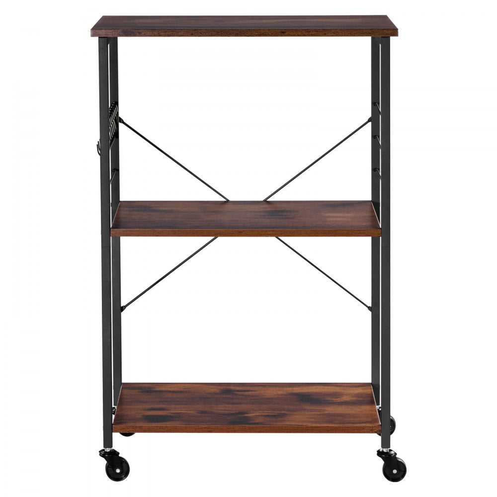 VEVOR Kitchen Utility Cart, 3 Tier 23.7 in Microwave Stand Coffee Cart, Heavy Duty Storage Rack, Service Trolley on Wheels, Industrial Rolling Work Table with 8 Hooks, for Mini Oven, Toaster, Vintage