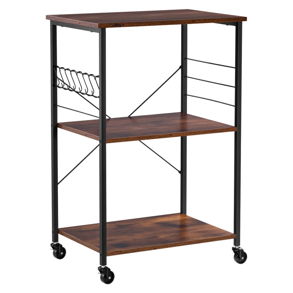VEVOR Kitchen Utility Cart, 3 Tier 23.7 in Microwave Stand Coffee Cart, Heavy Duty Storage Rack, Service Trolley on Wheels, Industrial Rolling Work Table with 8 Hooks, for Mini Oven, Toaster, Vintage