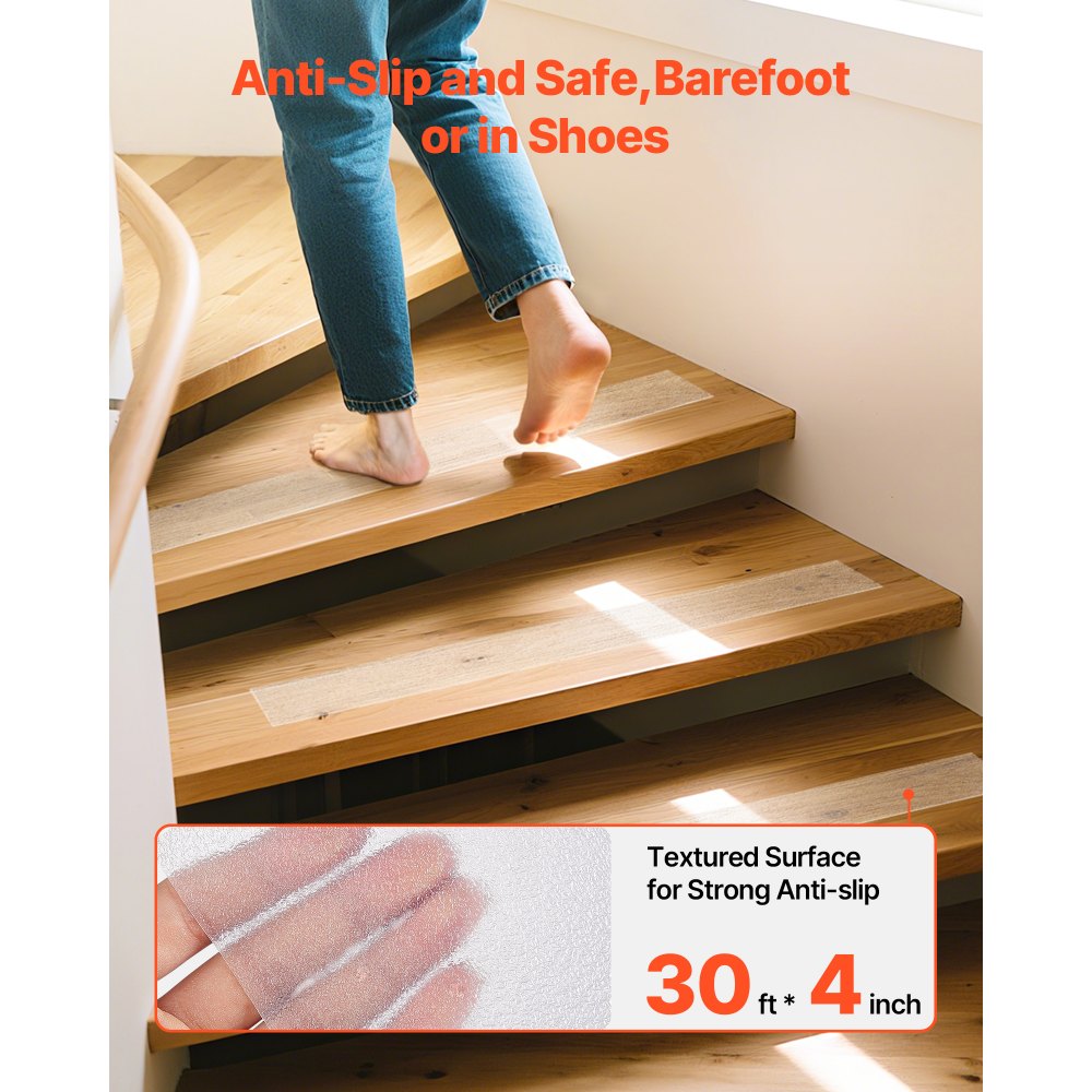 VEVOR Anti-Slip Tape, 30 FT x 4 inch Transparent Non-Slip Grip Tape for Indoor & Outdoor Use, Ultra-Clear Non Skid Traction Treads for Bathrooms Boats Stairs Pools, Safe & Comfortable for Bare Feet