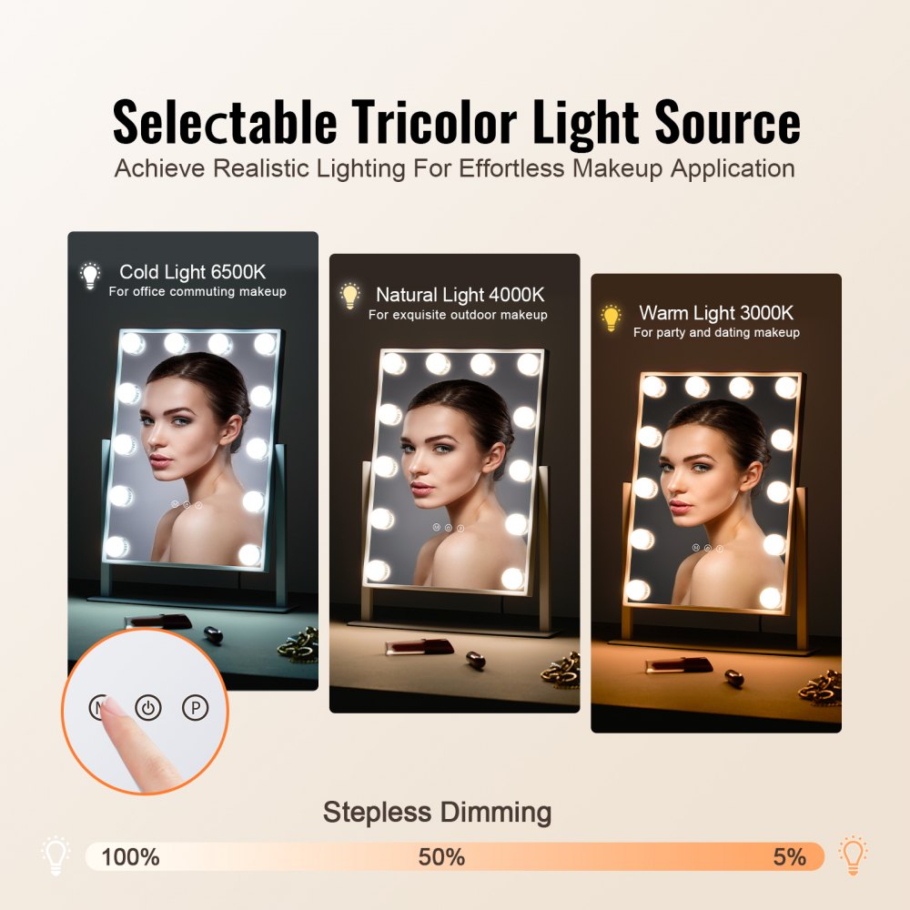 VEVOR Hollywood Vanity Mirror With Lights, 12 Dimmable Bulbs & 3 Color Lighting Modes, Makeup Mirror with Detachable 5X Magnification, Smart Touch Control, 360 Degree Rotation(16.1x11.8 in, White)