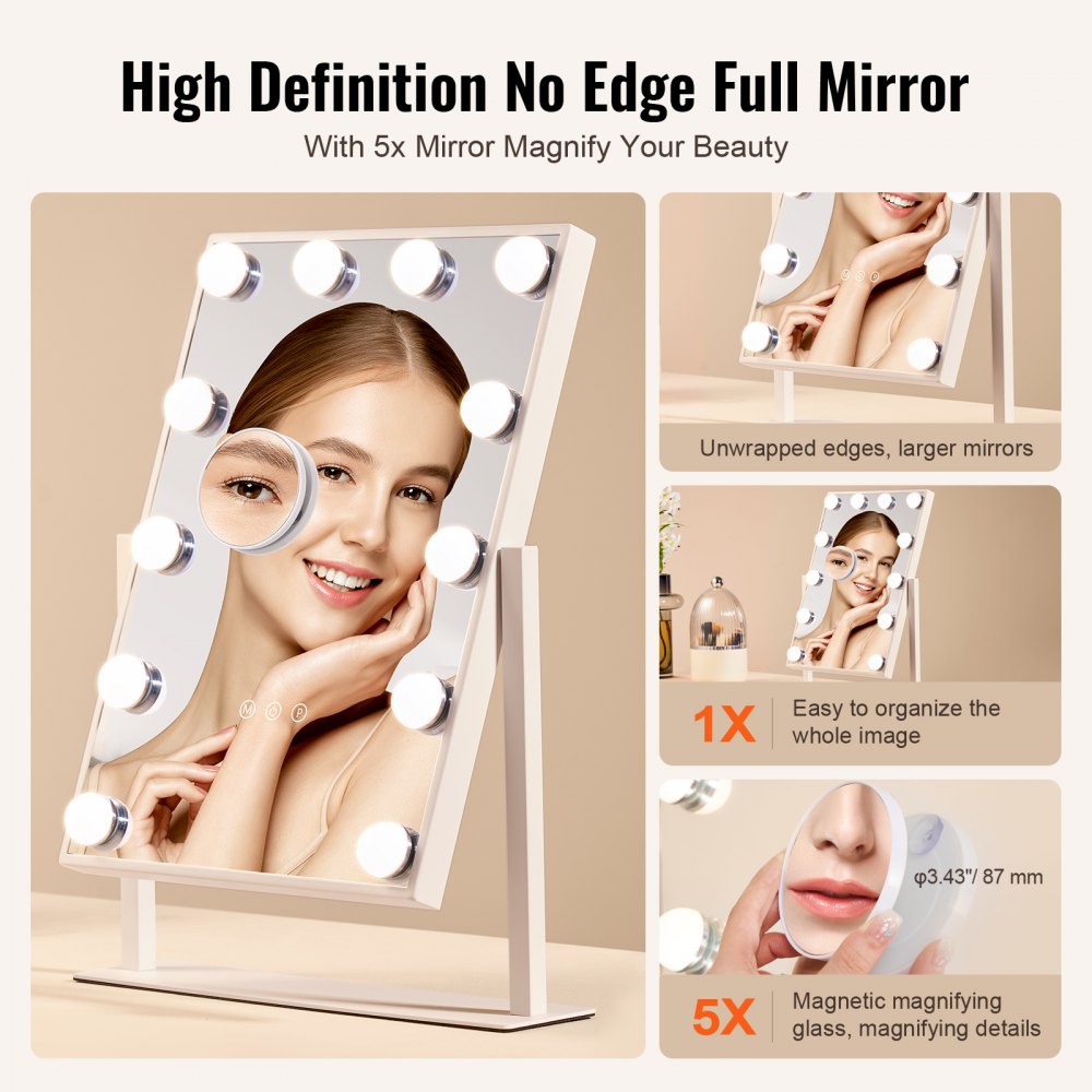 VEVOR Hollywood Vanity Mirror With Lights, 12 Dimmable Bulbs & 3 Color Lighting Modes, Makeup Mirror with Detachable 5X Magnification, Smart Touch Control, 360 Degree Rotation(16.1x11.8 in, White)