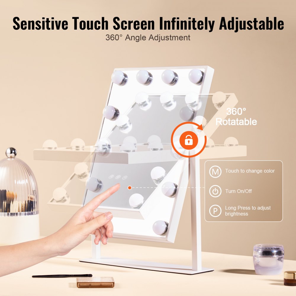 VEVOR Hollywood Vanity Mirror With Lights, 12 Dimmable Bulbs & 3 Color Lighting Modes, Makeup Mirror with Detachable 5X Magnification, Smart Touch Control, 360 Degree Rotation(16.1x11.8 in, White)