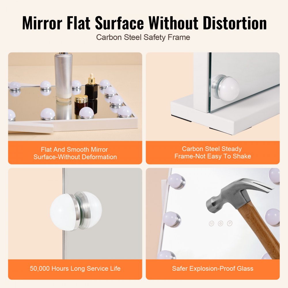 VEVOR Hollywood Vanity Mirror With Lights, 12 Dimmable Bulbs & 3 Color Lighting Modes, Makeup Mirror with Detachable 5X Magnification, Smart Touch Control, 360 Degree Rotation(16.1x11.8 in, White)