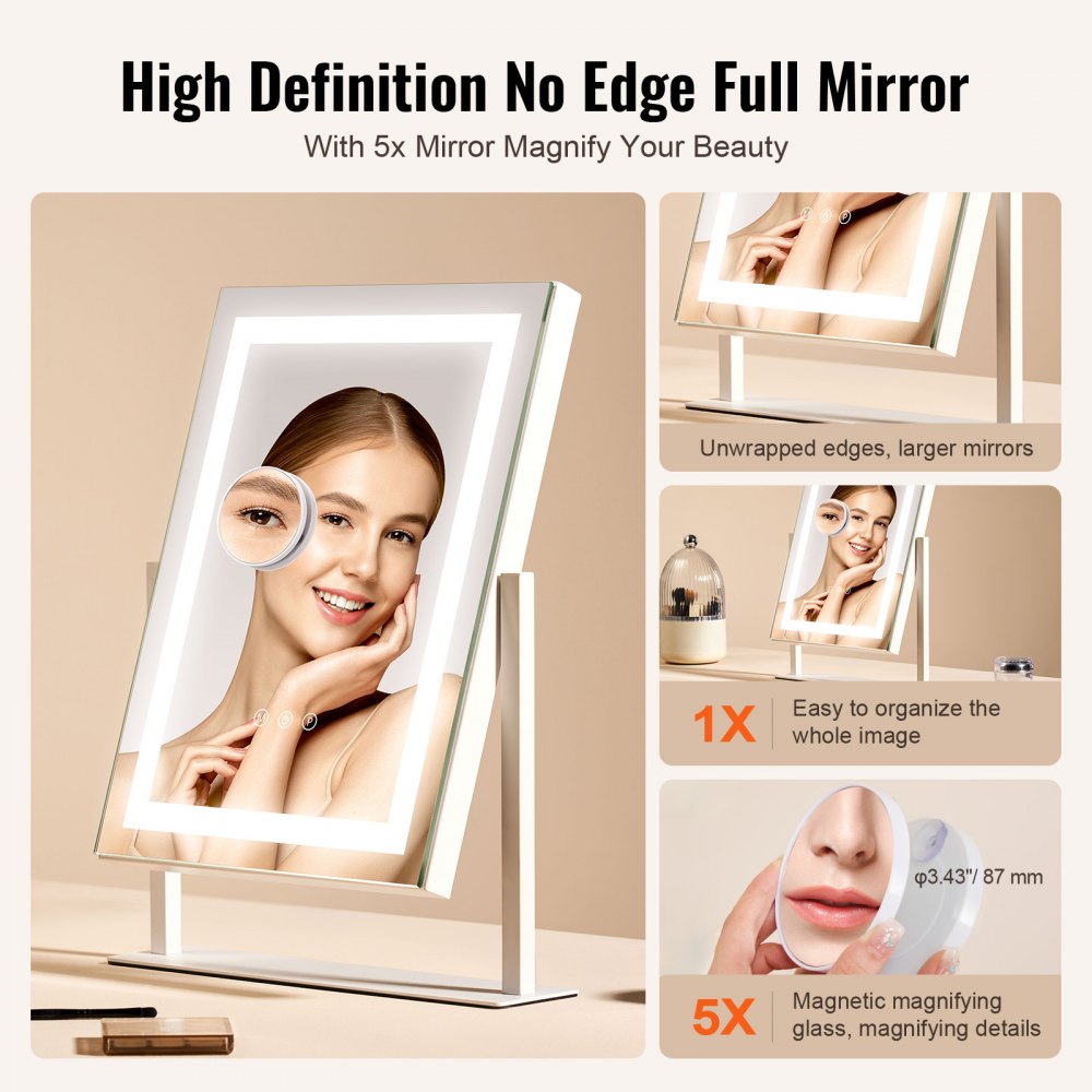 VEVOR Vanity Mirror with Lights, Three Color Lighting Modes, Lighted Makeup LED Mirror, and 5X Magnification Mirror, Smart Touch Control, 360°Rotation (16.1x11.8 in, White)