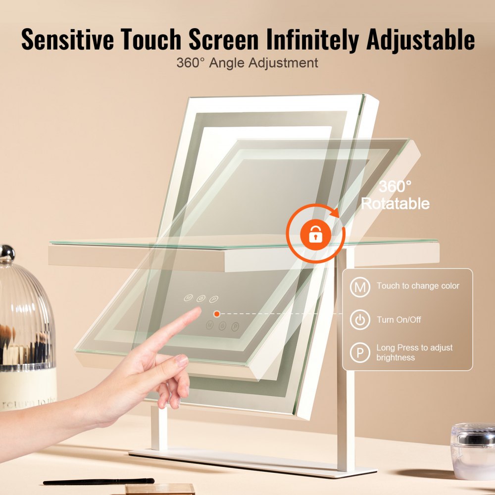 VEVOR Vanity Mirror with Lights, Three Color Lighting Modes, Lighted Makeup LED Mirror, and 5X Magnification Mirror, Smart Touch Control, 360°Rotation (16.1x11.8 in, White)