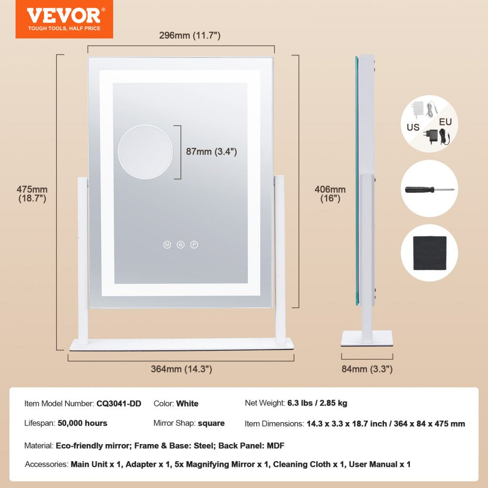 VEVOR Vanity Mirror with Lights, Three Color Lighting Modes, Lighted Makeup LED Mirror, and 5X Magnification Mirror, Smart Touch Control, 360°Rotation (16.1x11.8 in, White)