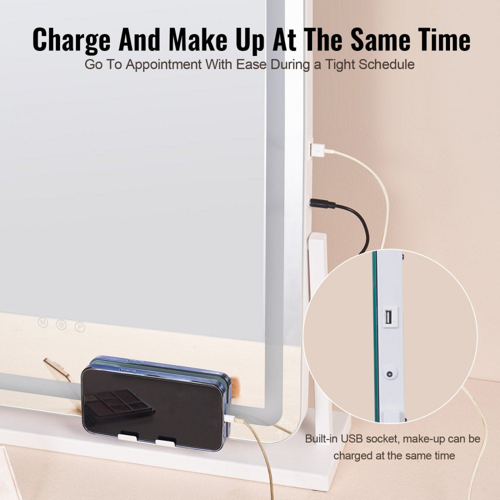 VEVOR Vanity Mirror with Lights, Three Color Lighting Modes, Lighted Makeup LED Mirror, and 5X Magnification,USB Port, Smart Touch Control, 360°Rotation (21.7x17.7 in, White)