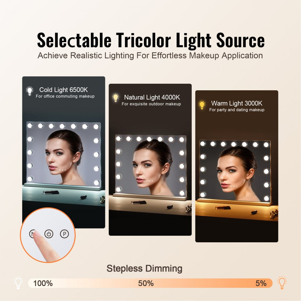 VEVOR Hollywood Vanity Mirror With Lights,15 Dimmable Bulbs &3 Color Lighting Modes, Makeup Mirror w/ Detachable 5X Magnification,USB Port,Smart Touch Control,Desktop Wall-mount(22.8x18.1 in, White)