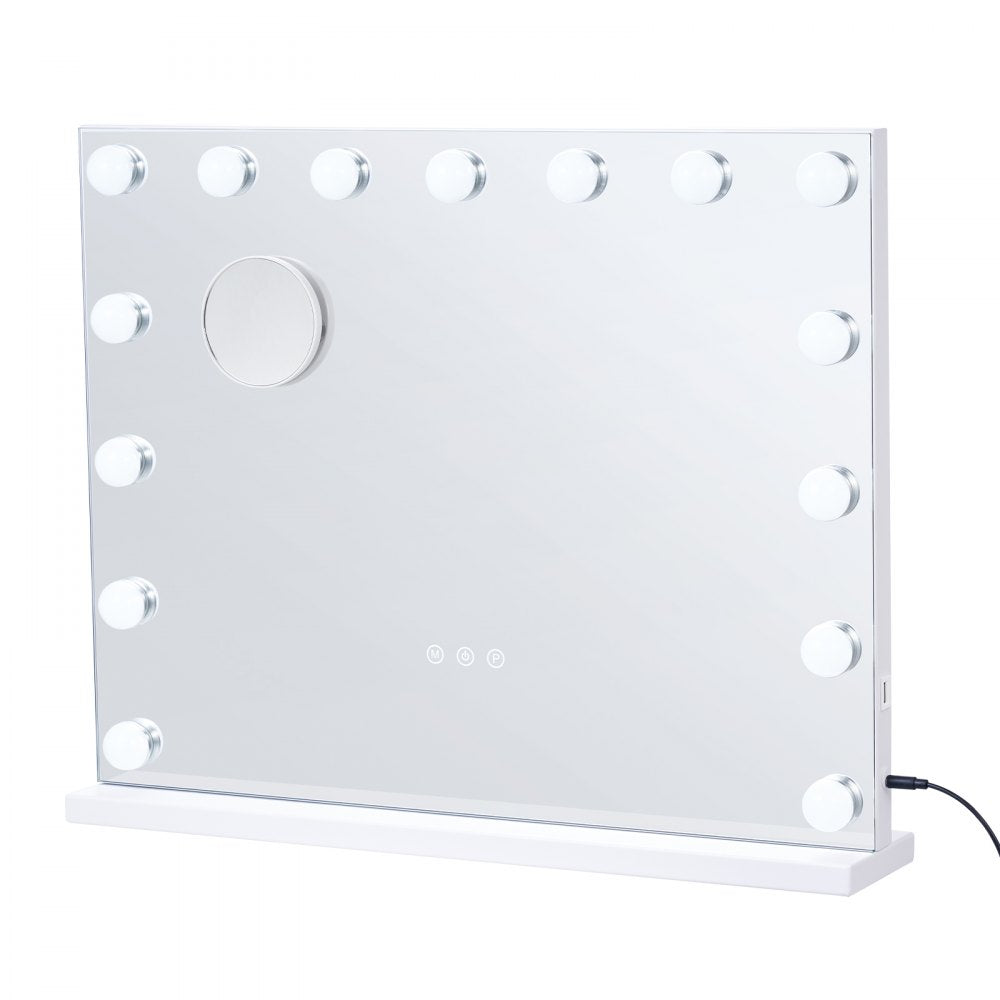 VEVOR Hollywood Vanity Mirror With Lights,15 Dimmable Bulbs &3 Color Lighting Modes, Makeup Mirror w/ Detachable 5X Magnification,USB Port,Smart Touch Control,Desktop Wall-mount(22.8x18.1 in, White)