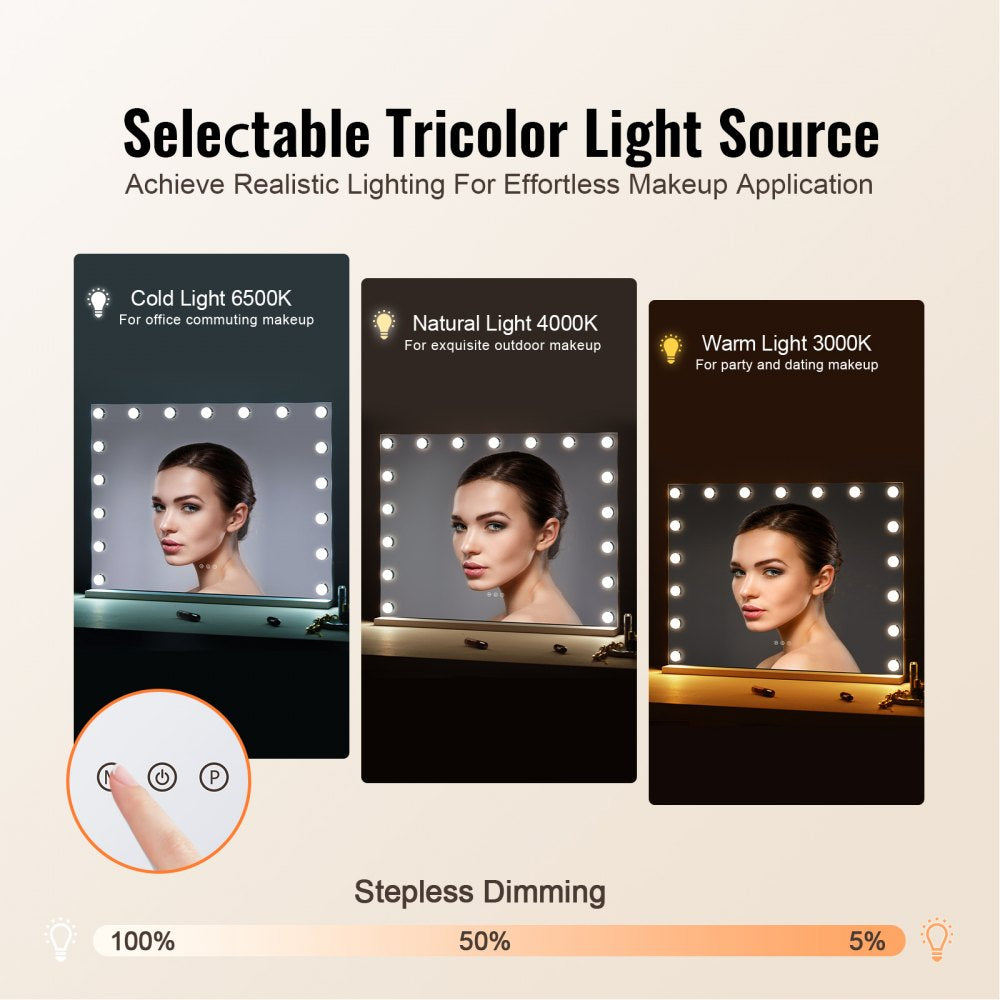 VEVOR Hollywood Vanity Mirror With Lights, Dimmable Bulbs &3 Color Lighting Modes, Makeup Mirror w/ Detachable 5X Magnification,USB Port,Type C,Smart Touch Control,Desktop Wall-mount( 31.5x23.6in, White)