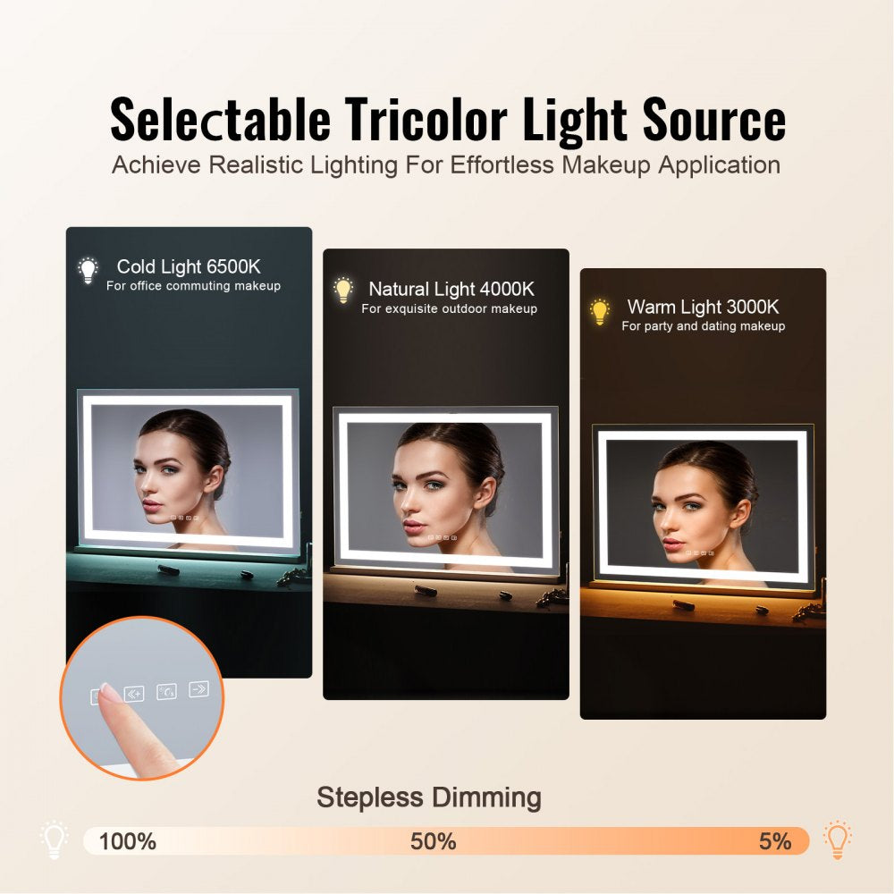 VEVOR Large Vanity Mirror with Lights and Bluetooth Speaker, Three Color Lighting Modes, Lighted Makeup LED Mirror,5X Magnification,USB,Smart Touch Control,Desktop Wall-Mount (31.5x21.7in, White)