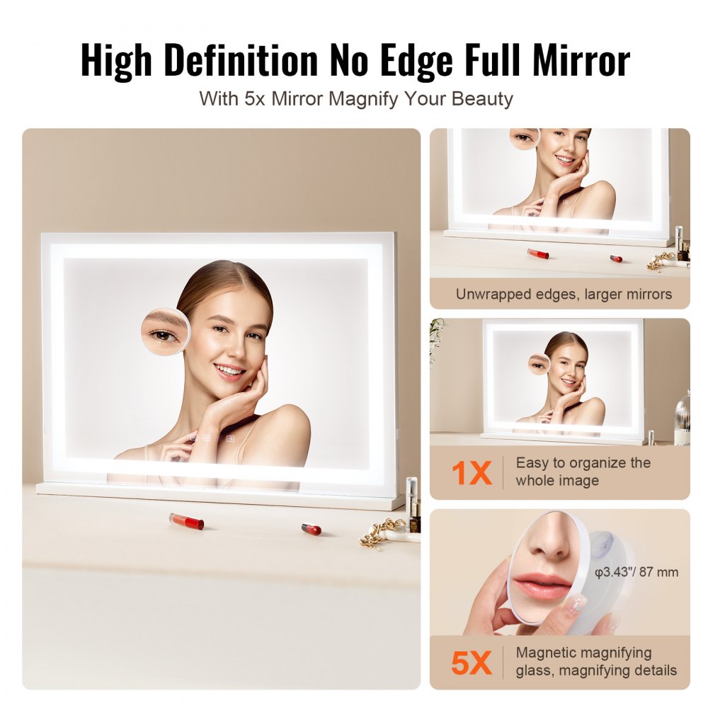 VEVOR Large Vanity Mirror with Lights and Bluetooth Speaker, Three Color Lighting Modes, Lighted Makeup LED Mirror,5X Magnification,USB,Smart Touch Control,Desktop Wall-Mount (31.5x21.7in, White)