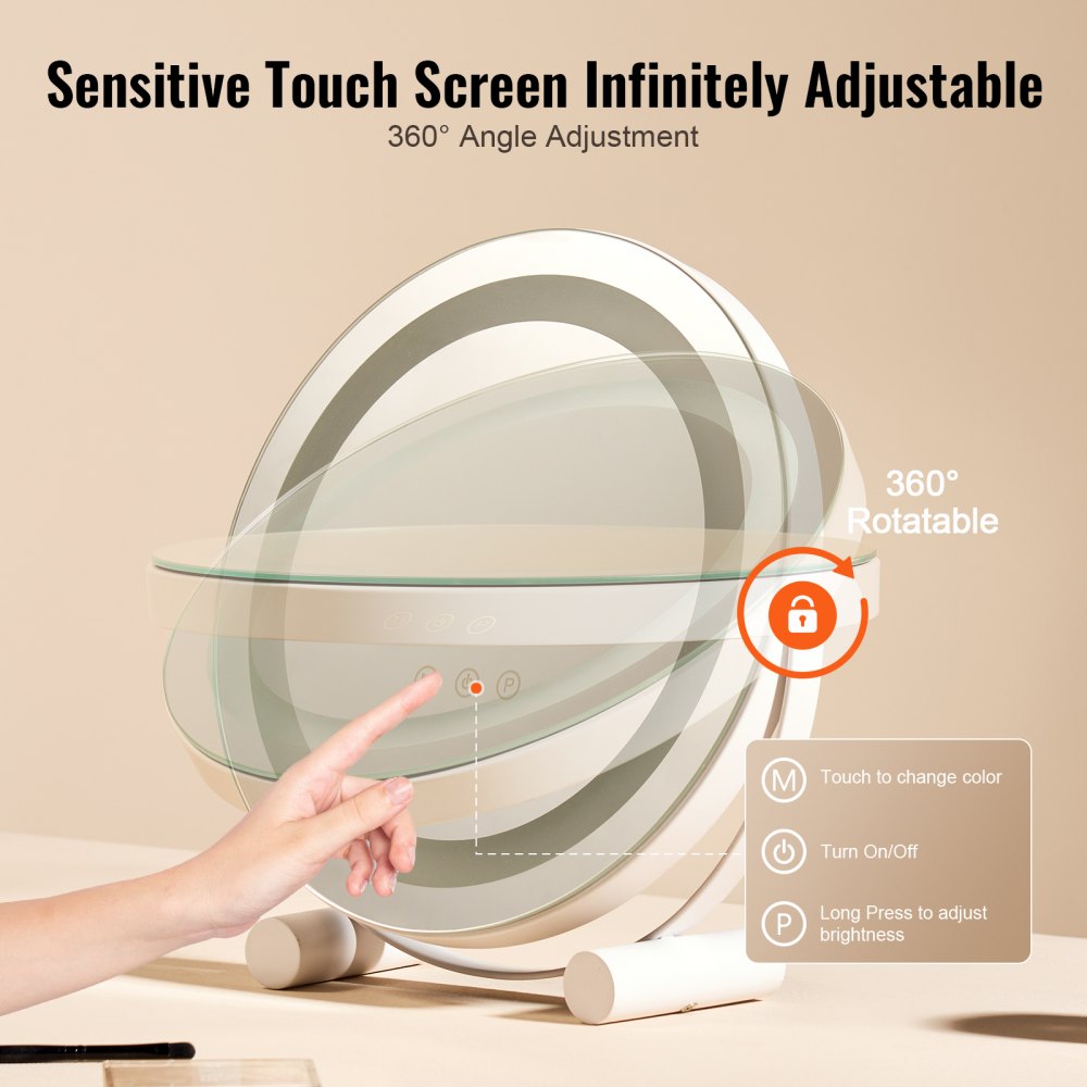 VEVOR 12” Vanity Mirror With Lights, LED Makeup Mirror 3 Color Lighting Modes, with 5X Magnification Mirror, Smart Touch Control, 360°Rotation,Round Lighted Makeup Mirror for Bedroom Tabletop (White)