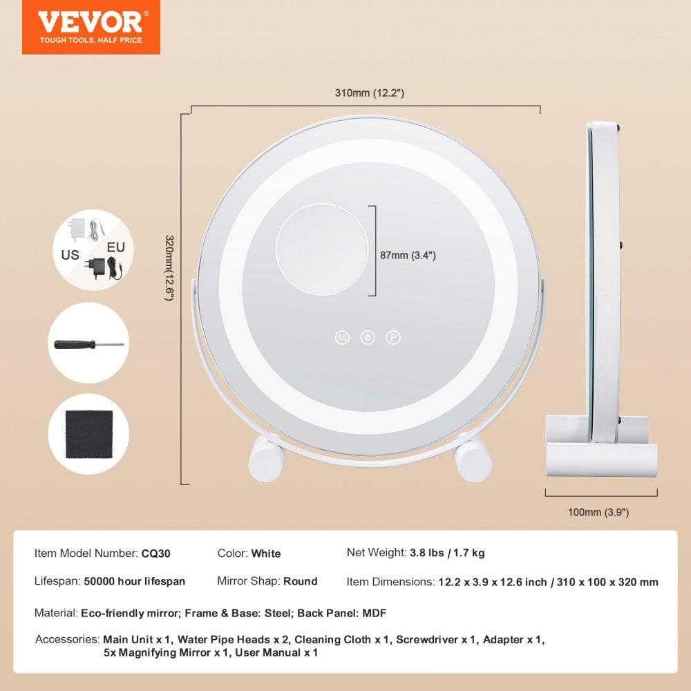 VEVOR 12” Vanity Mirror With Lights, LED Makeup Mirror 3 Color Lighting Modes, with 5X Magnification Mirror, Smart Touch Control, 360°Rotation,Round Lighted Makeup Mirror for Bedroom Tabletop (White)
