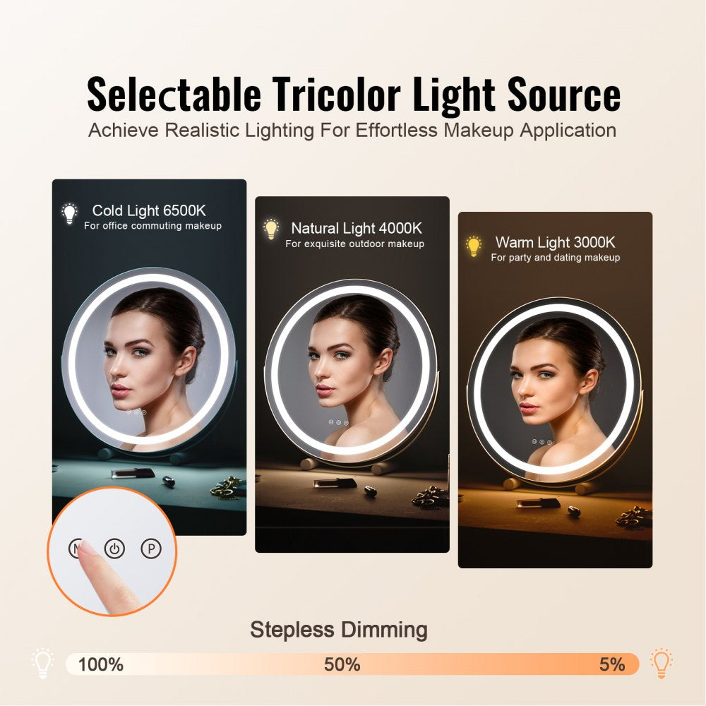 VEVOR 20” Vanity Mirror With Lights, LED Makeup Mirror 3 Color Lighting Modes, with 5X Magnification Mirror, Smart Touch Control, 360°Rotation,Round Lighted Makeup Mirror for Bedroom Tabletop (White)