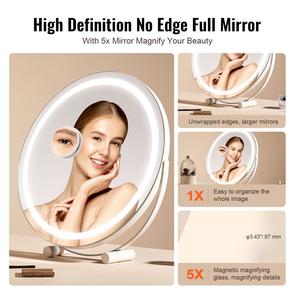 VEVOR 20” Vanity Mirror With Lights, LED Makeup Mirror 3 Color Lighting Modes, with 5X Magnification Mirror, Smart Touch Control, 360°Rotation,Round Lighted Makeup Mirror for Bedroom Tabletop (White)