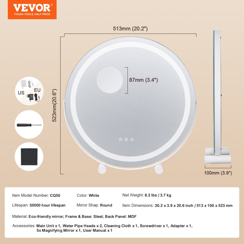 VEVOR 20” Vanity Mirror With Lights, LED Makeup Mirror 3 Color Lighting Modes, with 5X Magnification Mirror, Smart Touch Control, 360°Rotation,Round Lighted Makeup Mirror for Bedroom Tabletop (White)