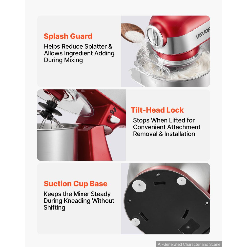 VEVOR 5.3 Qt Tilt Head Stand Mixer 400W Electric Dough Mixer, 10 Speeds Food Kitchen Mixer with Stainless Steel Bowl, Splash Guard, Dough Hook, Whisk, Beater, for Baking Mixing
