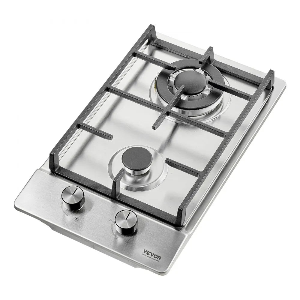 VEVOR Gas Cooktop 12 inch, Max 12250BTU 2 Burners Built-in Stainless Steel Gas Stove Top, LPG/NG Convertible Dual Fuel Natural Gas Hob with Thermocouple Protection for Outdoor, Kitchen, Camping, RV