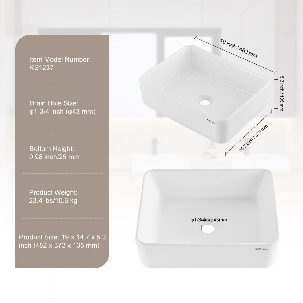 VEVOR Rectangle Vessel Sink, 19" x 14.7" Bathroom Vessel Sink Countertop, White Ceramic Bathroom Sinks Above Counter, Modern Style, Bright and Elegant, Well-Packaged for Bathroom, Hotel, Toilet, RV