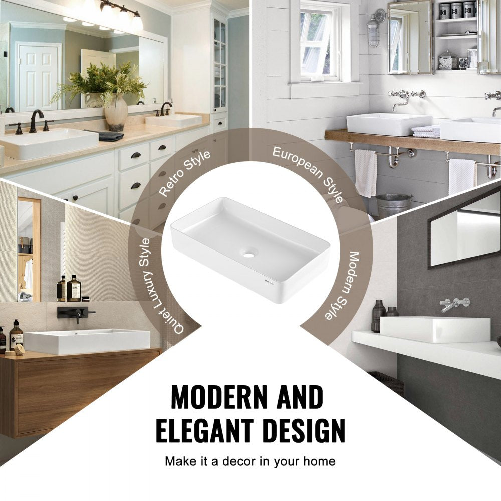 VEVOR Rectangle Vessel Sink, 24" x 13.8" Bathroom Vessel Sink Countertop, White Ceramic Bathroom Sinks Above Counter, Modern Style, Bright and Elegant, Well-Packaged for Bathroom, Hotel, Toilet, RV