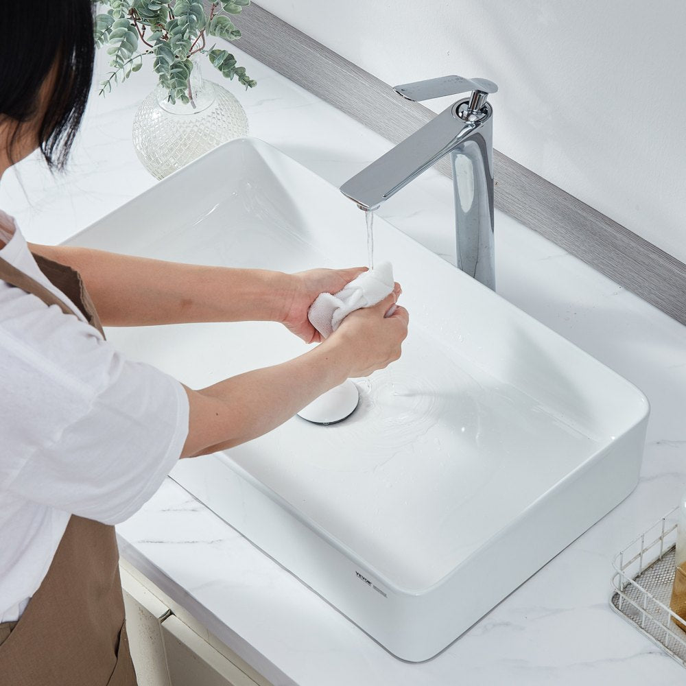 VEVOR Rectangle Vessel Sink, 24" x 13.8" Bathroom Vessel Sink Countertop, White Ceramic Bathroom Sinks Above Counter, Modern Style, Bright and Elegant, Well-Packaged for Bathroom, Hotel, Toilet, RV