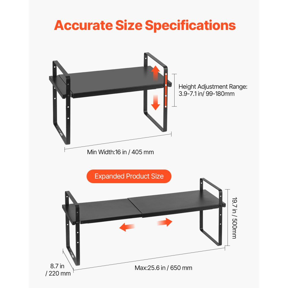 VEVOR Adjustable Kitchen Cabinet Shelf Organizer, Expandable 2 Tier Cabinet Shelf, Stackable Countertop Organizers and Storage Shelf Risers, Pantry Organizers for Kitchen Bathroom Office, Black