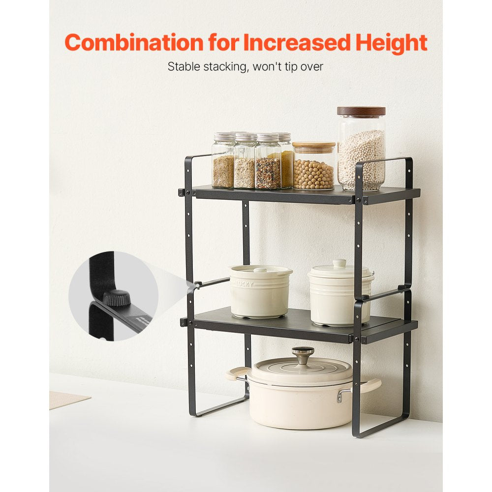 VEVOR Adjustable Kitchen Cabinet Shelf Organizer, Expandable 2 Tier Cabinet Shelf, Stackable Countertop Organizers and Storage Shelf Risers, Pantry Organizers for Kitchen Bathroom Office, Black