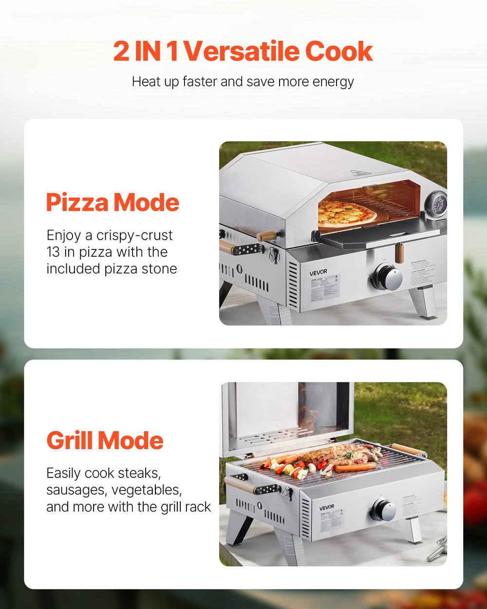 VEVOR Outdoor Pizza Oven 2-in-1 versatile cook pizza mode and grill mode