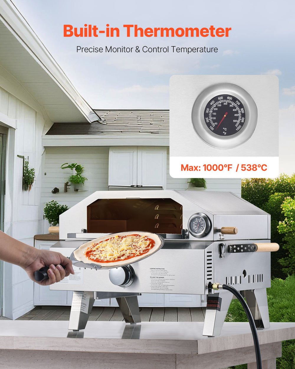 VEVOR Outdoor Pizza Oven built-in thermometer up to 1000F