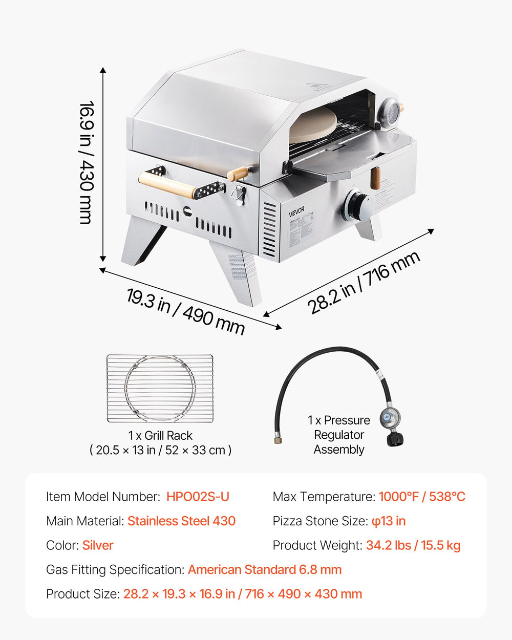 VEVOR Outdoor Pizza Oven dimensions and included accessories overview