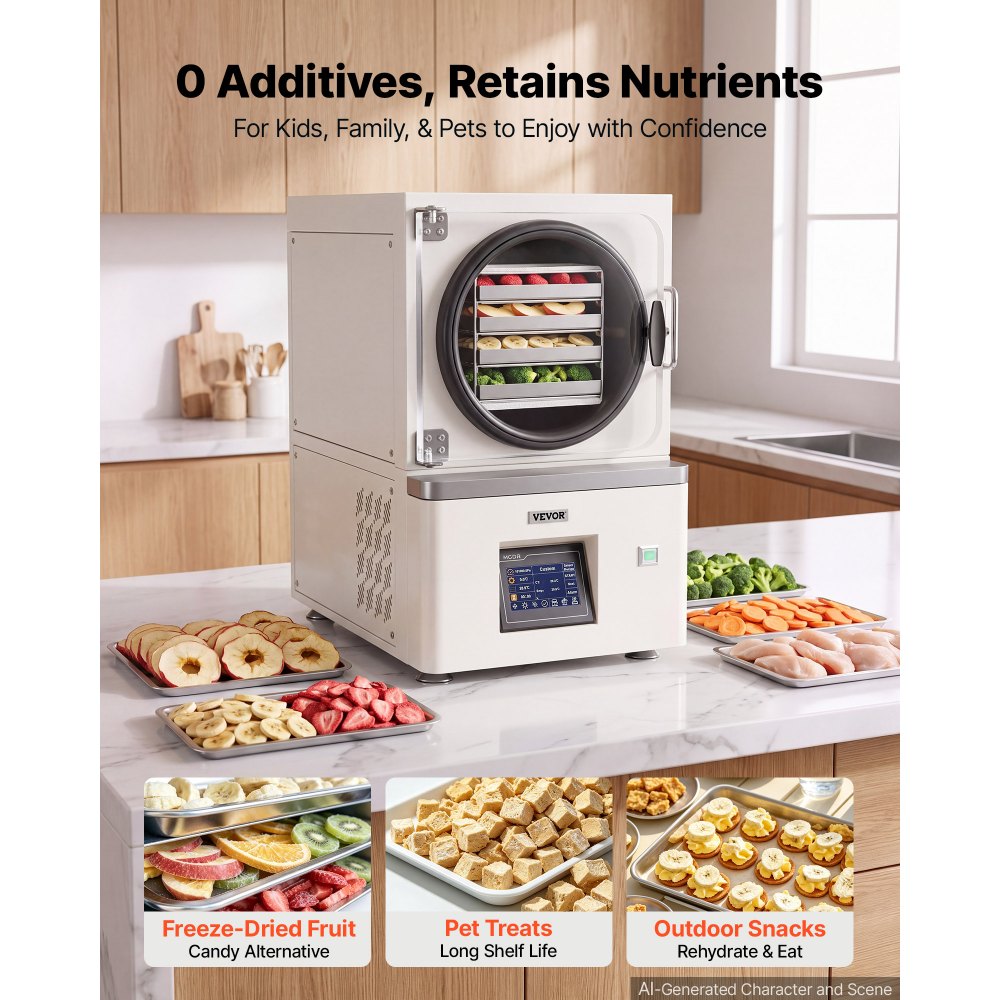 VEVOR Vacuum Freeze Dryer Machine, 4.4-6.6 lbs/Batch, 4 Trays, 5 Presets for Fruit Vegetable Meat Storage, Compact Countertop Freeze Drying Equipment with LCD Touchscreen, Auto Defrost, Carbon Steel