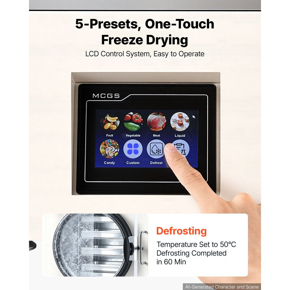VEVOR Vacuum Freeze Dryer Machine, 4.4-6.6 lbs/Batch, 4 Trays, 5 Presets for Fruit Vegetable Meat Storage, Compact Countertop Freeze Drying Equipment with LCD Touchscreen, Auto Defrost, Carbon Steel