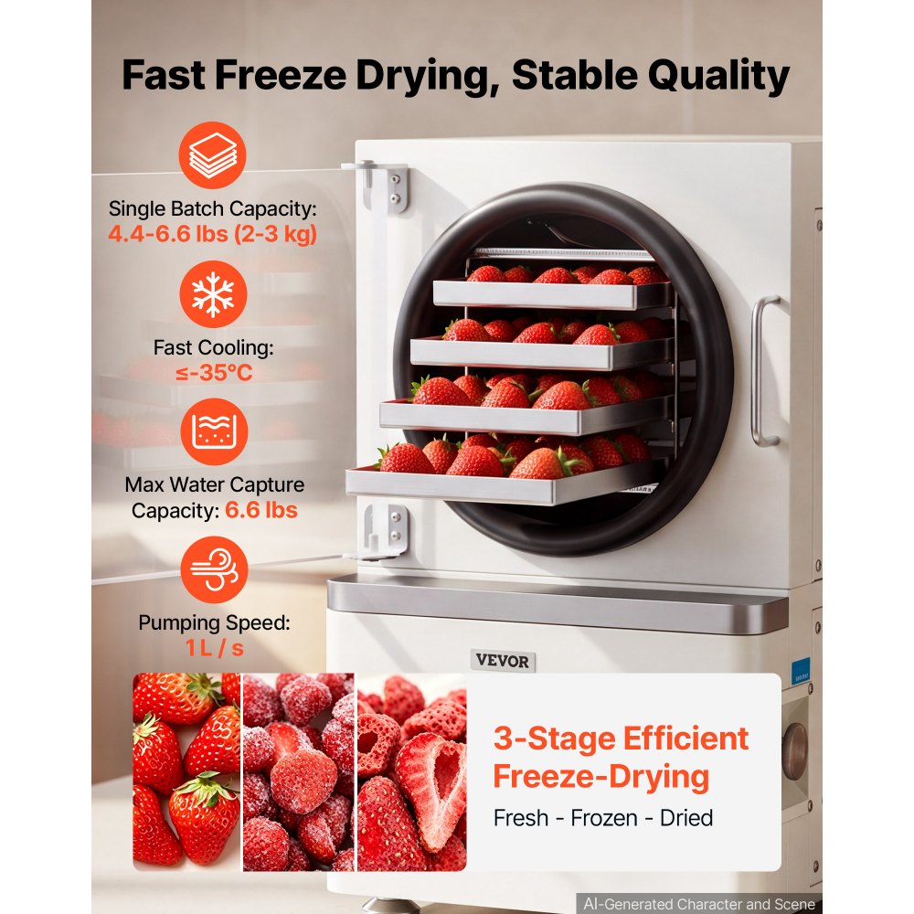 VEVOR Vacuum Freeze Dryer Machine, 4.4-6.6 lbs/Batch, 4 Trays, 5 Presets for Fruit Vegetable Meat Storage, Compact Countertop Freeze Drying Equipment with LCD Touchscreen, Auto Defrost, Carbon Steel