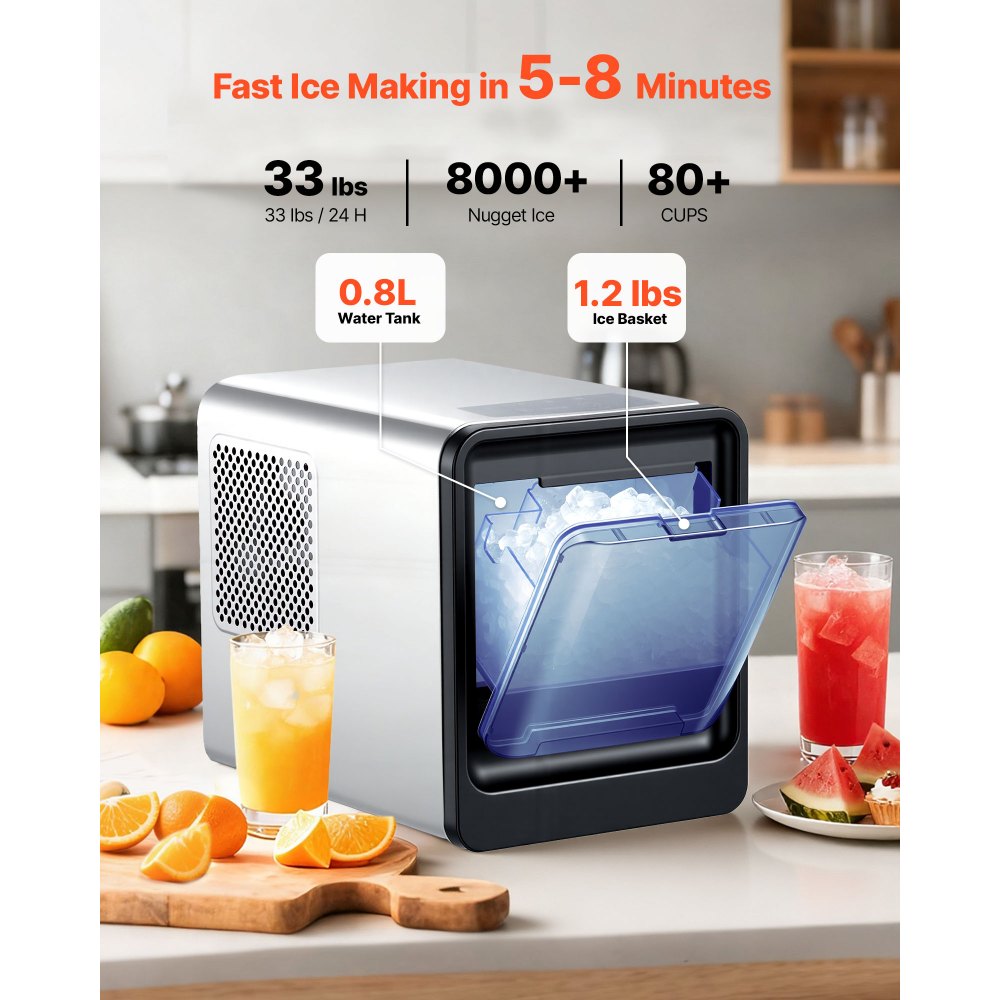 VEVOR Countertop Ice Maker, 33 lbs per Day, Self-Cleaning Portable Machine with Scoop, Drawer-Style Ice Access, Nugget Ice-Making Machine with Chewable Ices for Home, Kitchen, Office, Bar & Party