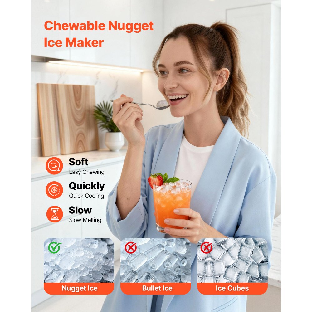 VEVOR Countertop Ice Maker, 33 lbs per Day, Self-Cleaning Portable Machine with Scoop, Drawer-Style Ice Access, Nugget Ice-Making Machine with Chewable Ices for Home, Kitchen, Office, Bar & Party