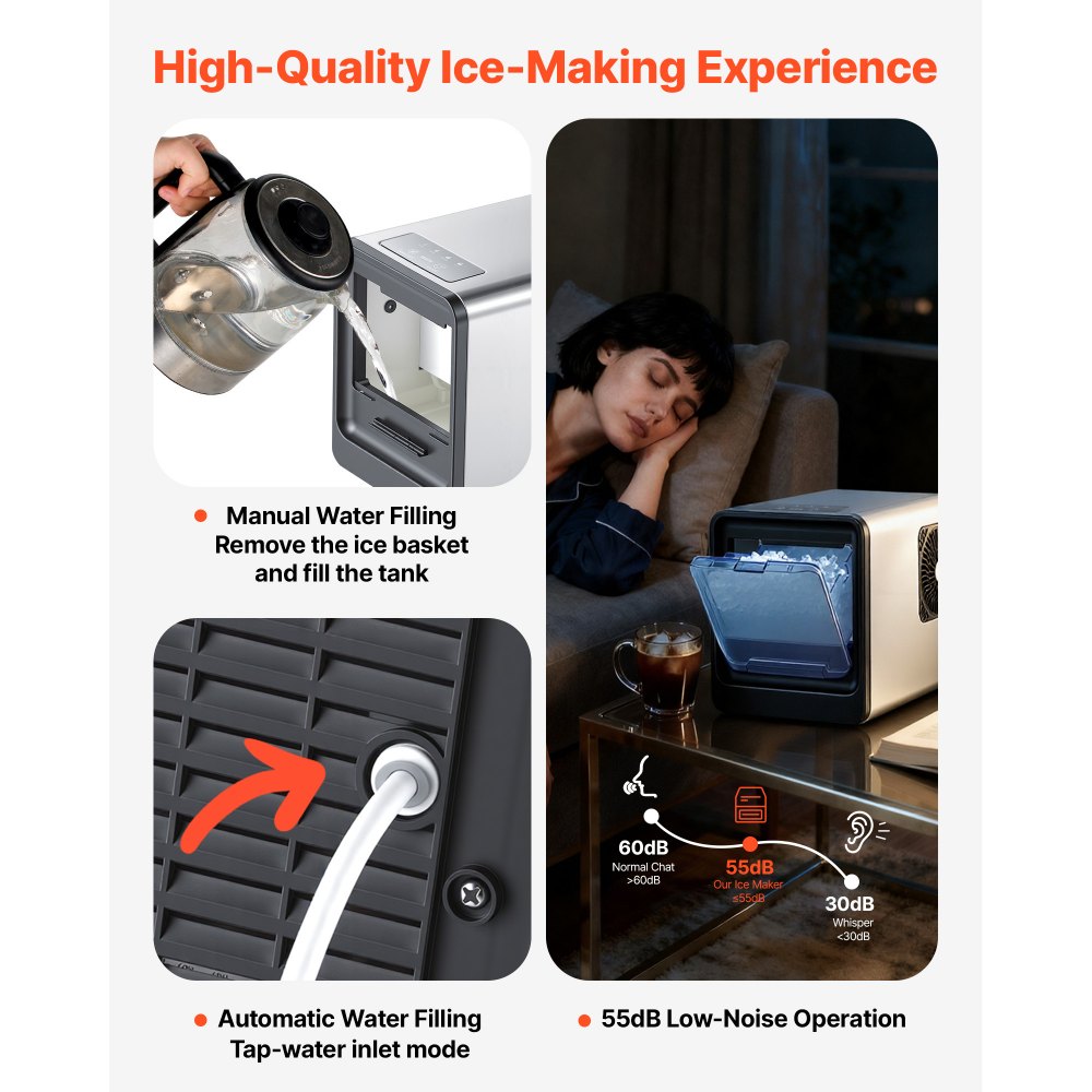 VEVOR Countertop Ice Maker, 33 lbs per Day, Self-Cleaning Portable Machine with Scoop, Drawer-Style Ice Access, Nugget Ice-Making Machine with Chewable Ices for Home, Kitchen, Office, Bar & Party
