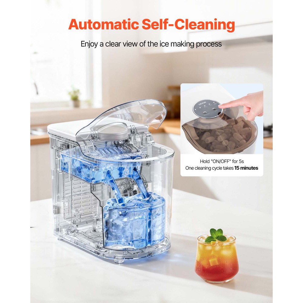 VEVOR Countertop Ice Maker, 7 Cubes Ready in 6 Mins, 26 lbs per Day, Self-Cleaning Portable Machine with Ice Scoop, Ice-Making Machine with 2 Sizes Bullet Ices for Home, Kitchen, Office, Bar & Party