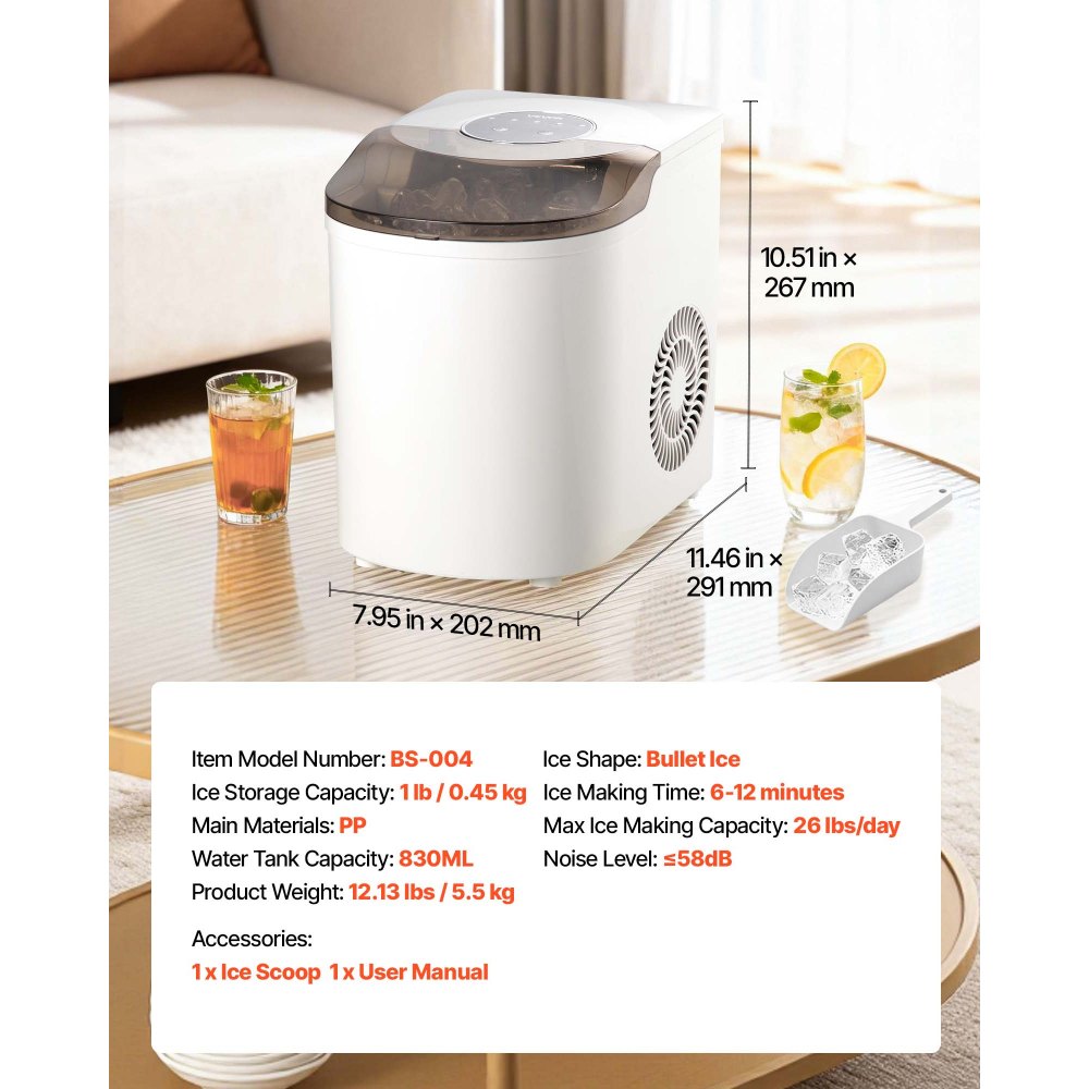 VEVOR Countertop Ice Maker, 7 Cubes Ready in 6 Mins, 26 lbs per Day, Self-Cleaning Portable Machine with Ice Scoop, Ice-Making Machine with 2 Sizes Bullet Ices for Home, Kitchen, Office, Bar & Party