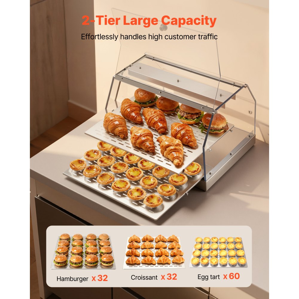 VEVOR 2-Tier Commercial Food Warmer Display, 450W Food Display Warmer with Light, Detachable Shelves and Double-Sided Door Design, 85℉~185℉ Air Heating, 48L for Hamburger, Pizza, Bread, Fried Chicken