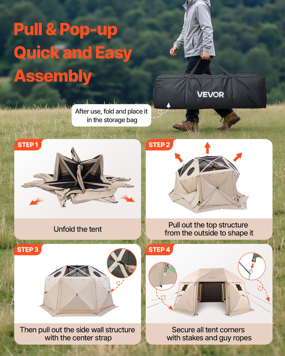 VEVOR Pop up Gazebo Screen Tent - quick and easy pull & pop-up assembly steps