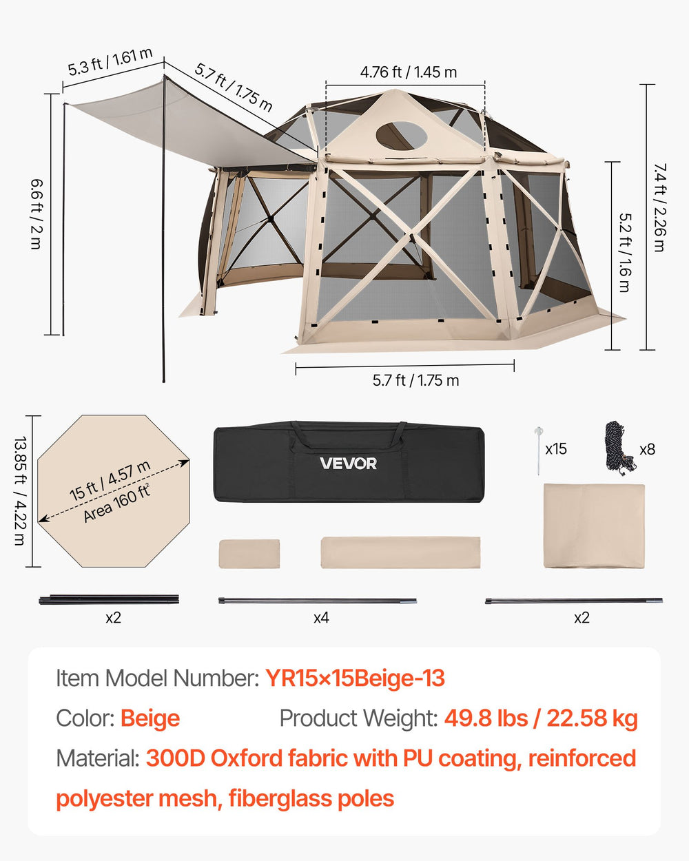 VEVOR Pop up Gazebo Screen Tent - size diagram, included accessories, model and weight