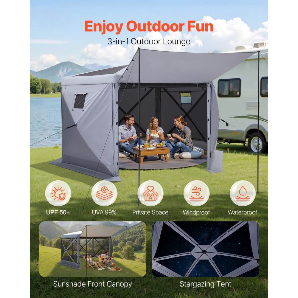 VEVOR Pop up Gazebo Screen Tent, 12 x 12 ft Large 6-Sided Camping Canopy Tent with Removable Top & Carry Bag, Quick-Set & Bite-Proof, Screen House Sun Shelter for 8-10 Persons Backyard Patio, Grey