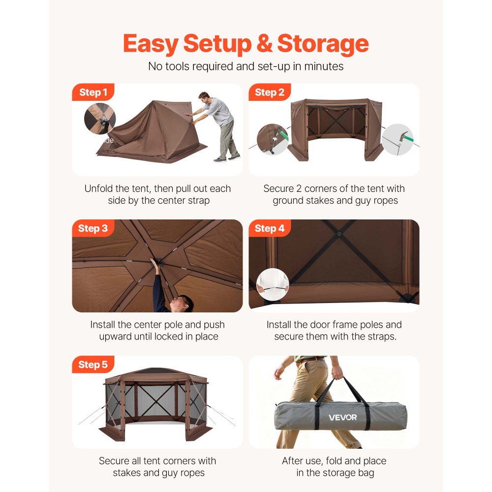 VEVOR Pop up Gazebo Screen Tent, 12 x 12 ft Large 6-Sided Camping Canopy Tent with Removable Top & Carry Bag, Quick-Set & Bite-Proof, Screen House Sun Shelter for 8-10 Persons Backyard Patio, Brown