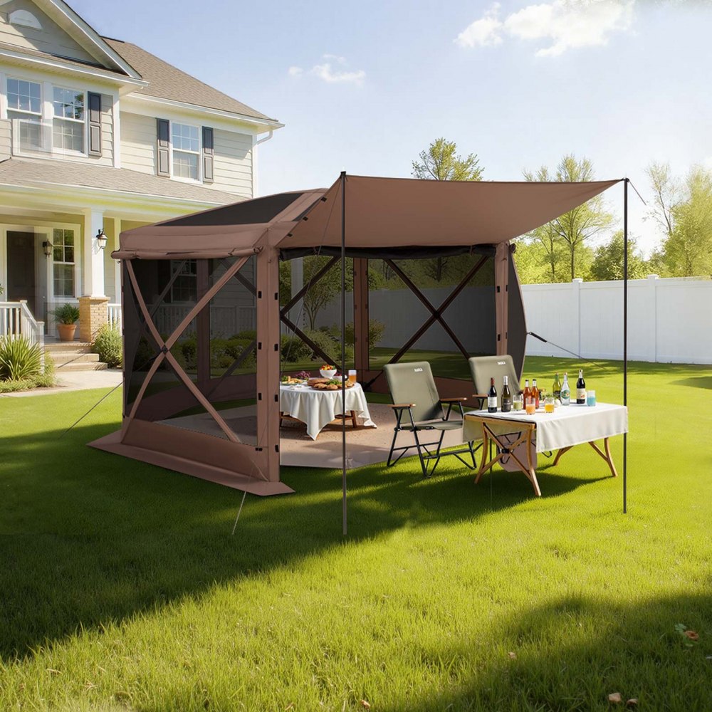 VEVOR Pop up Gazebo Screen Tent, 12 x 12 ft Large 6-Sided Camping Canopy Tent with Removable Top & Carry Bag, Quick-Set & Bite-Proof, Screen House Sun Shelter for 8-10 Persons Backyard Patio, Brown