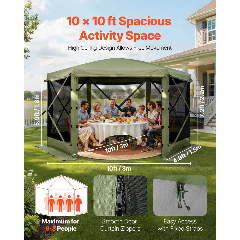 VEVOR Pop up Gazebo Screen Tent, 10 x 10 ft Large 6-Sided Camping Canopy Tent with Removable Top & Carry Bag, Quick-Set & Bite-Proof, Screen House Sun Shelter for 6-8 Persons Backyard Patio, Green