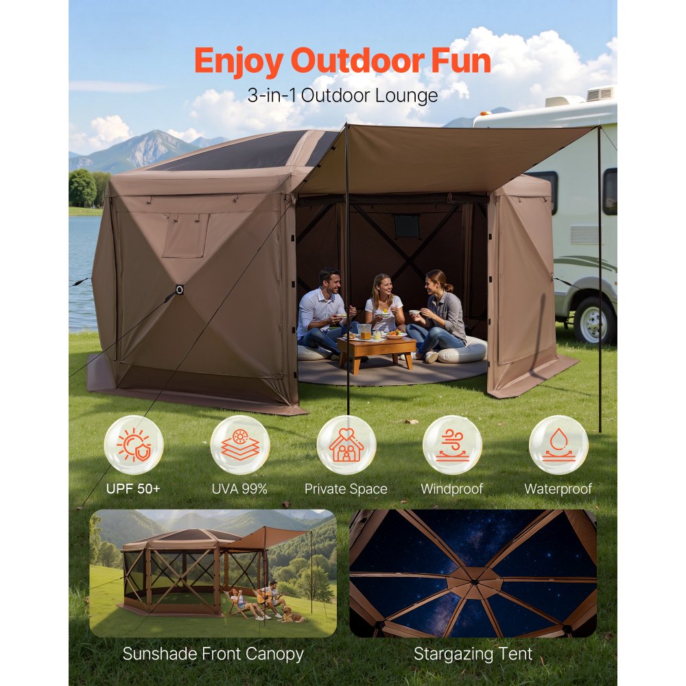 3-in-1 outdoor lounge infographic (UPF 50+, private space, windproof, waterproof)